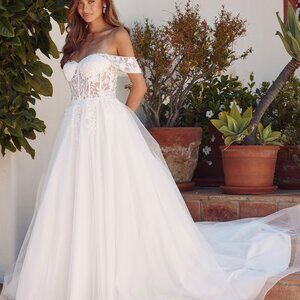 Off the shoulder , off white wedding dress bridal gown